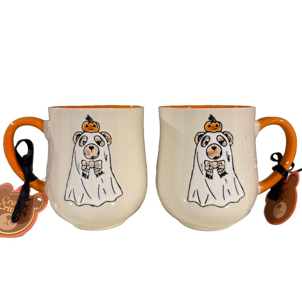 2 Halloween Coffee Mugs CUTE Creepy Critters Pumpkin Dot Teddy Bear Ghost